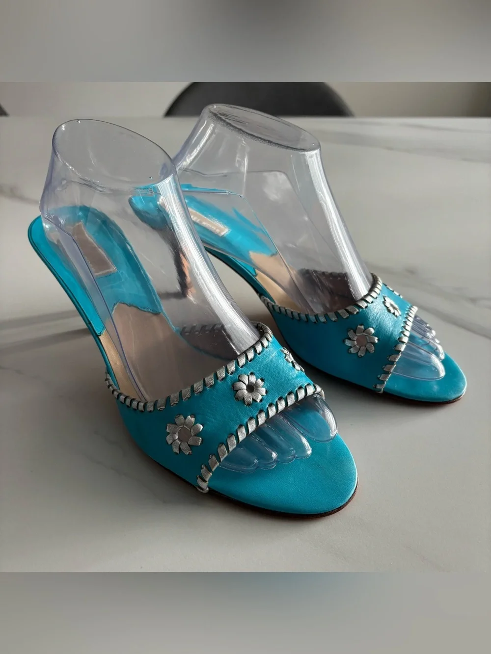 Michael Kors Made in Italy Turquoise Leather Whipstitch Heeled Slide Sandals 10